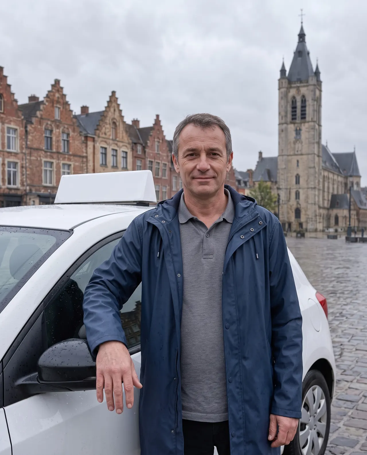 Christophe, gérant de l'auto-école, debout devant la porte du bureau rue du Carillon à Béthune