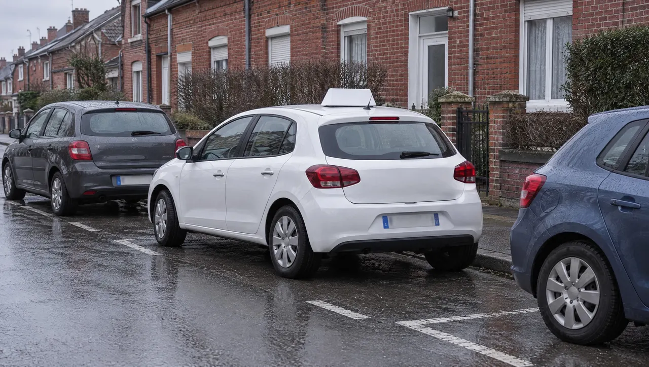 Une des voitures à double commande de l'école en cours de créneau entre deux voitures garées, rue résidentielle de Béthune