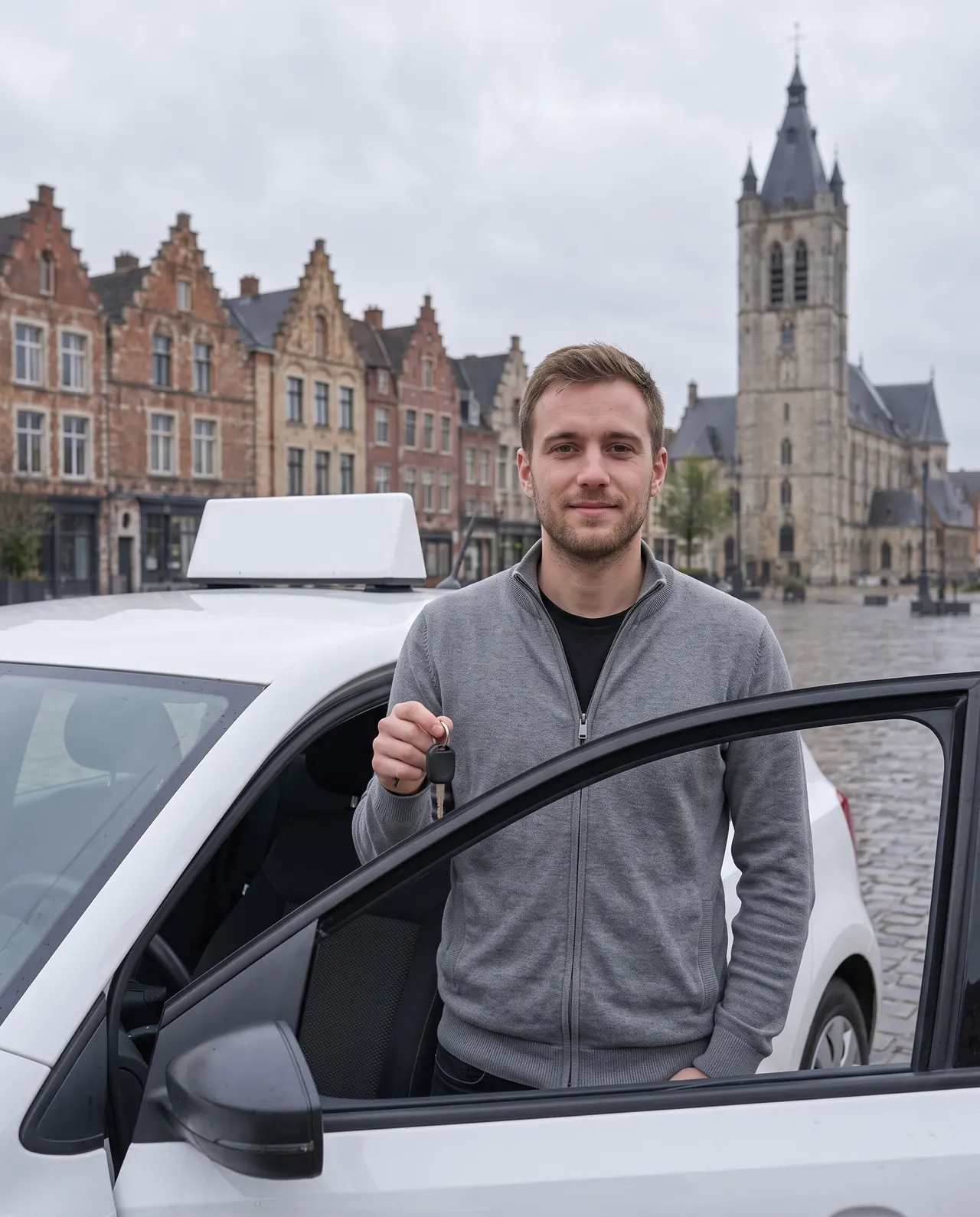 Julien, moniteur, à côté de la voiture blanche à double commande garée le long du trottoir