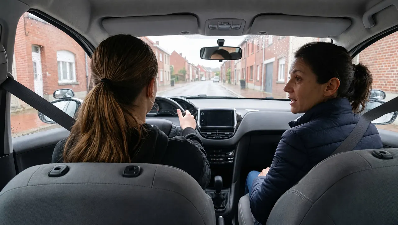 Élève de 17 ans au volant de la voiture à double commande, Nadia à sa droite, vus depuis la banquette arrière