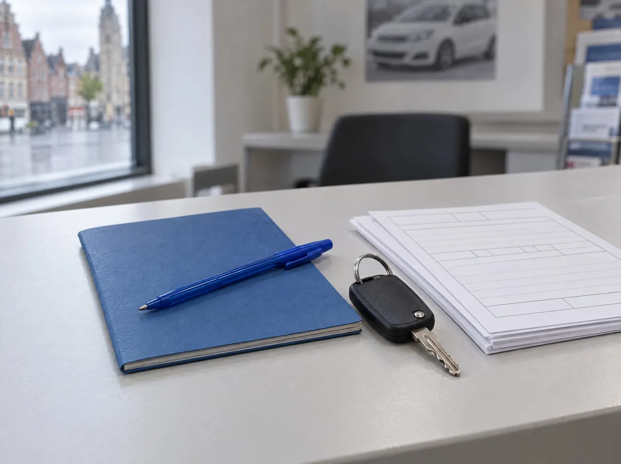 Livret d'apprentissage ouvert sur le comptoir du bureau, pages remplies au stylo