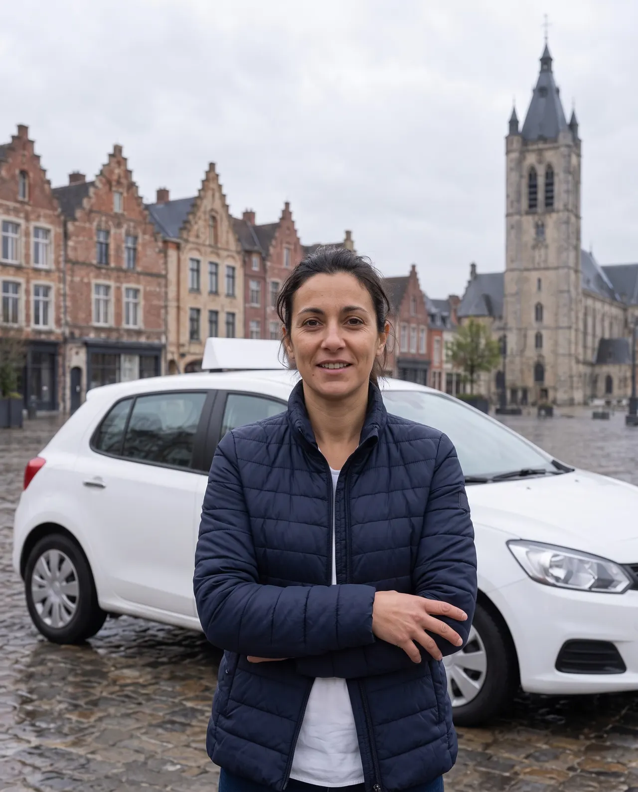 Nadia, monitrice, appuyée contre la portière avant de la voiture blanche à double commande