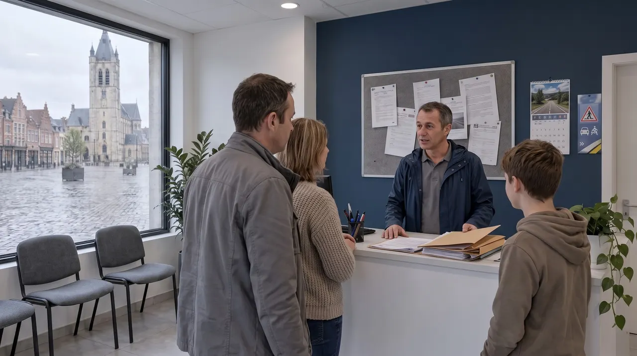 Parents et élève assis au bureau face à Christophe pendant le rendez-vous préalable de la conduite accompagnée