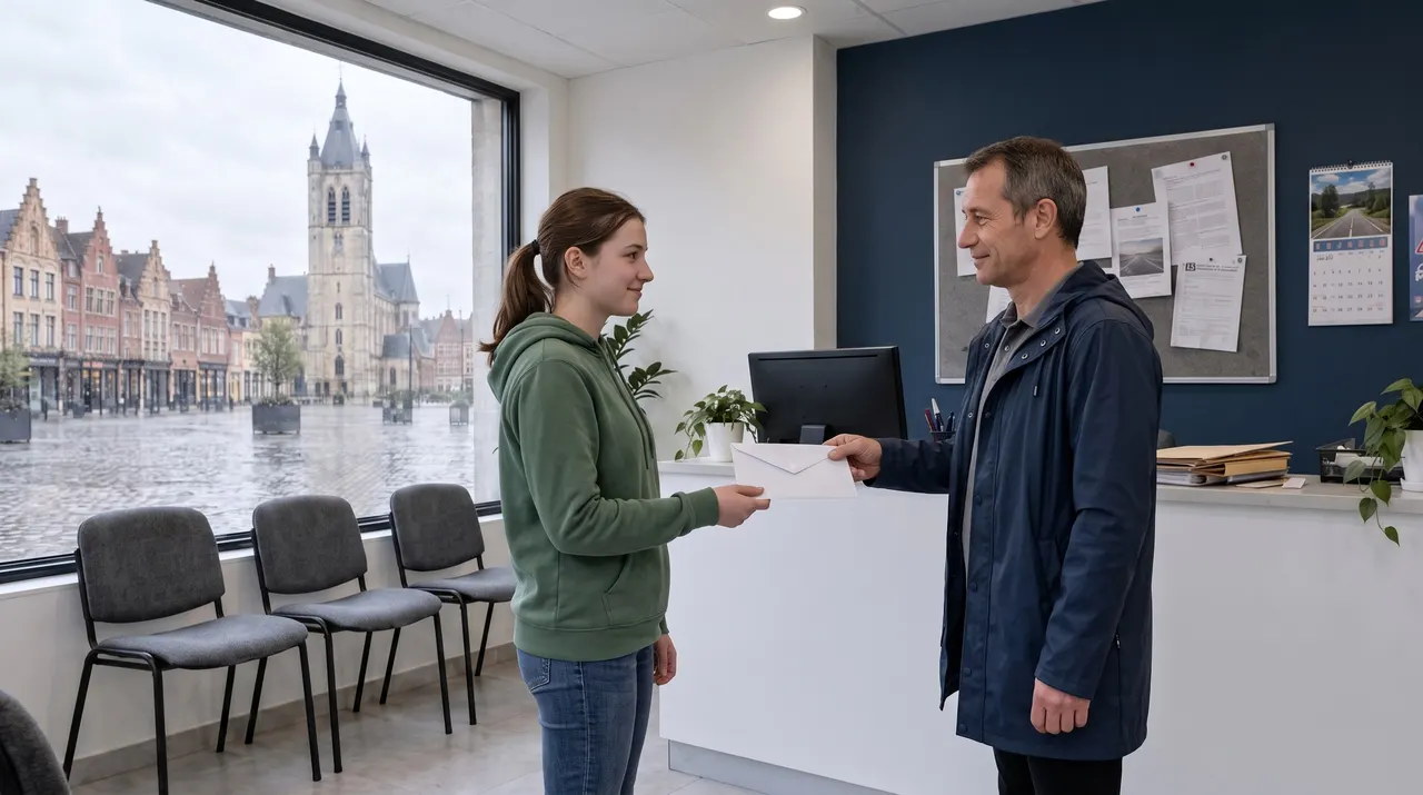 Élève recevant son permis des mains de Christophe devant le comptoir du bureau