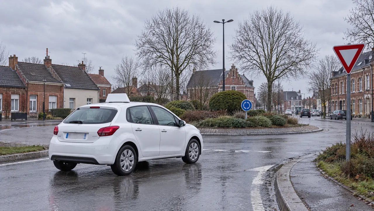 Une des voitures à double commande de l'école engagée dans un rond-point de Béthune sous un ciel couvert
