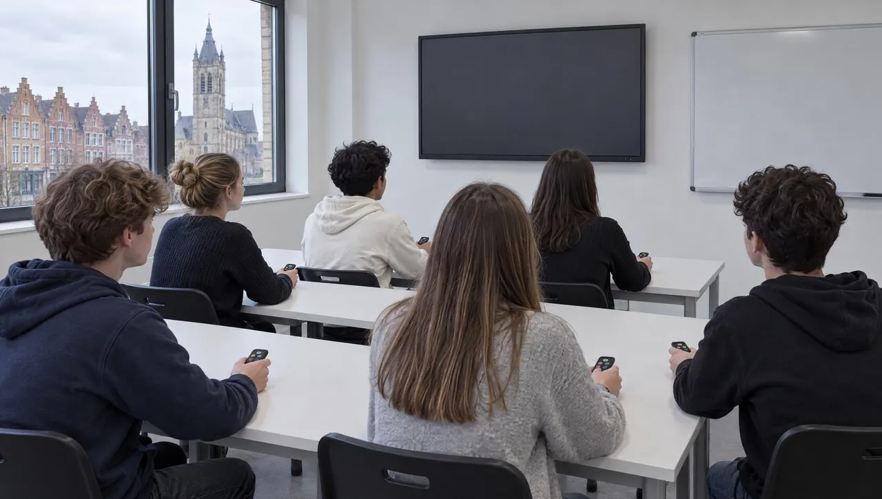 Six élèves assis dans la salle de code, écran mural éteint au fond de la pièce
